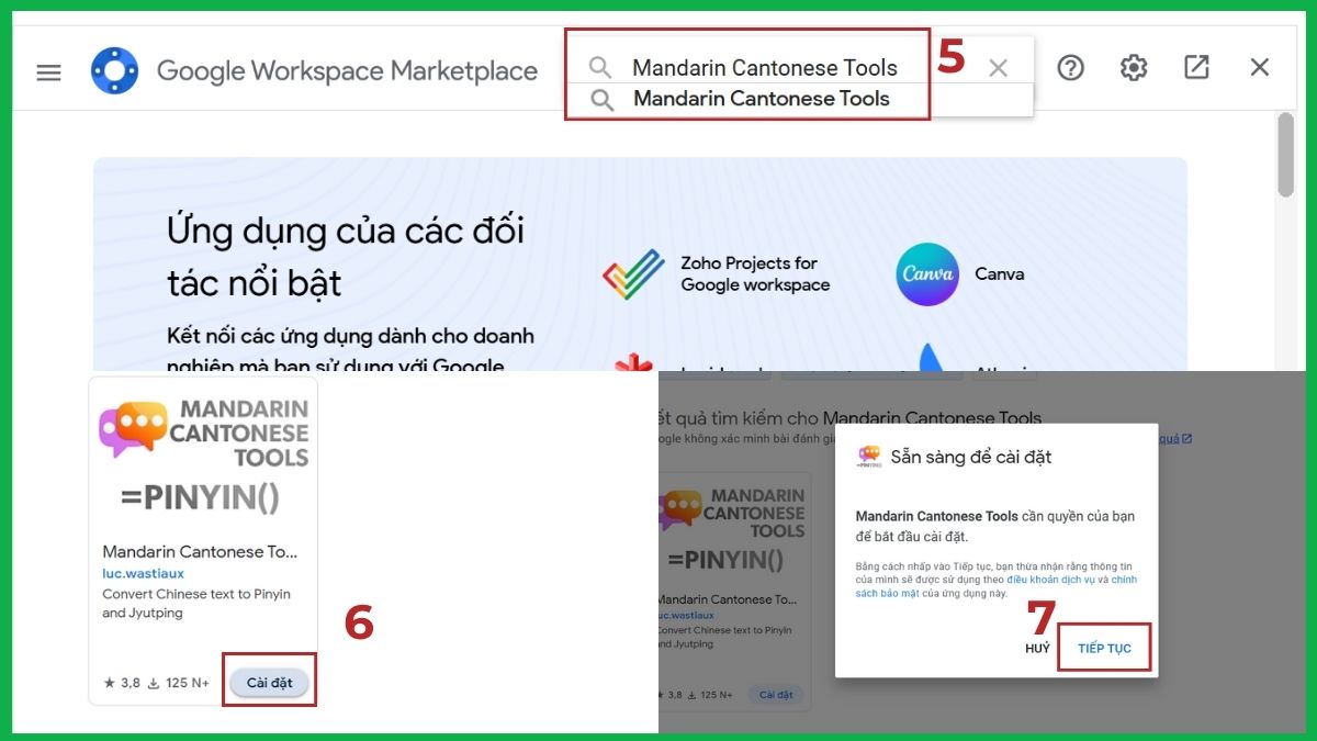 Cài đặt tiện ích để sử dụng hàm Pinyin trong Google Sheet Bước 3