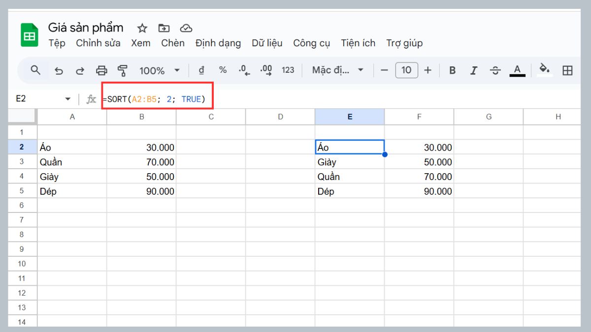 Dùng hàm SORT trong Google Sheet sắp xếp theo 1 cột tăng dần 