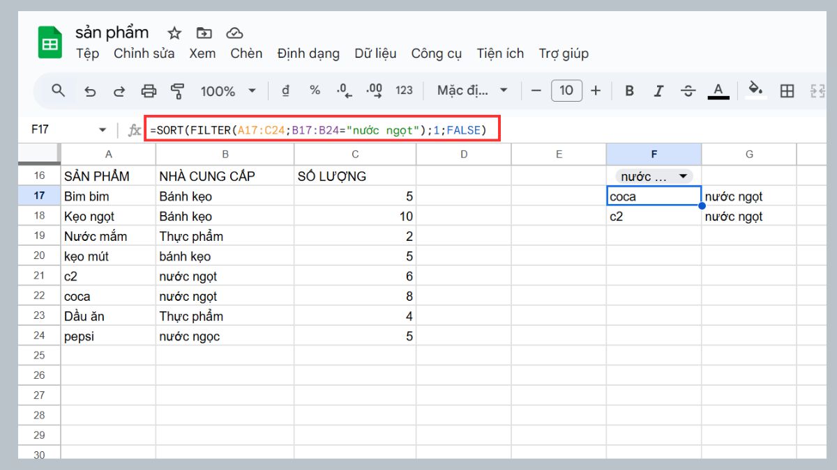 Hàm SORT trong Google Sheet kết hợp FILTER