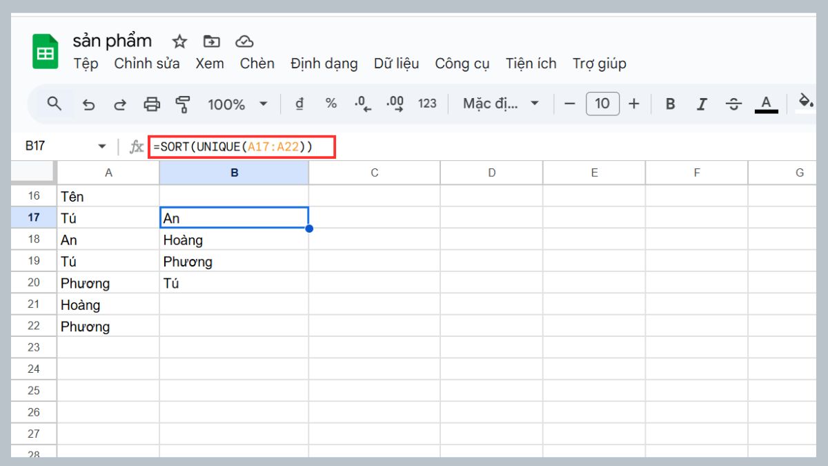 Hàm SORT trong Google Sheet kết hợp UNIQUE
