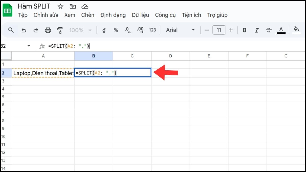 Tách dữ liệu theo dấu phẩy bằng hàm SPLIT trong Google Sheet Bước 2