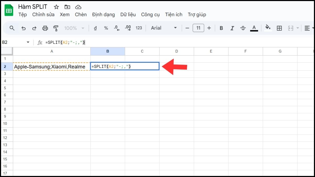 Tách dữ liệu theo dấu chấm phẩy bằng hàm SPLIT trong Google Sheet Bước 2