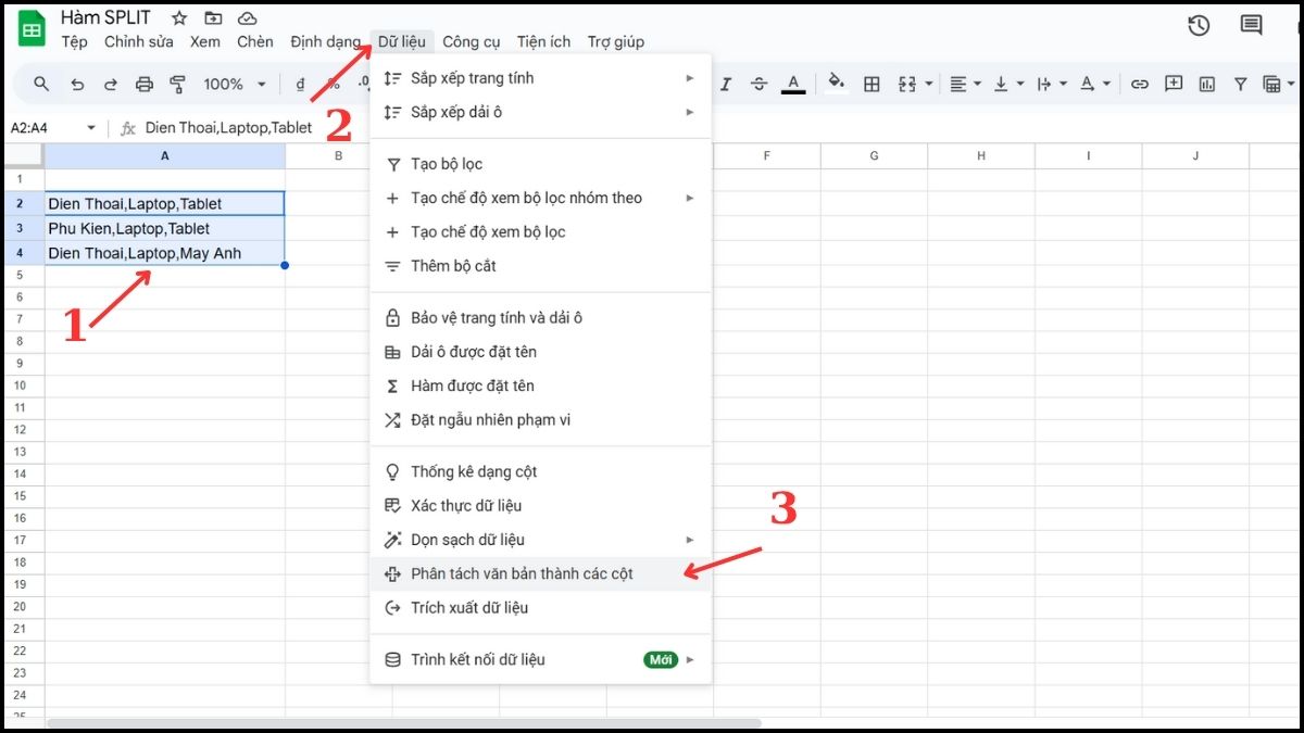Tách dữ liệu bằng tính năng Split text to columns Bước 1