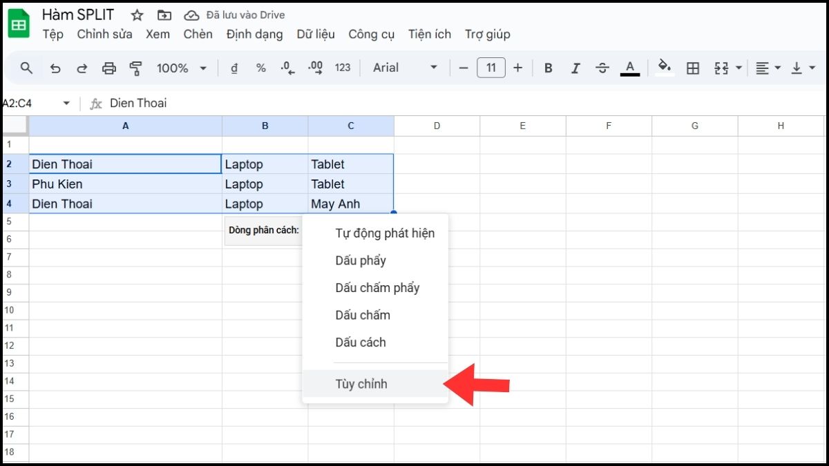 Tách dữ liệu bằng tính năng Split text to columns Bước 3