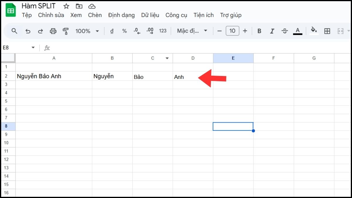 Cách tách họ và tên bằng hàm SPLIT trong Google Sheet Bước 3