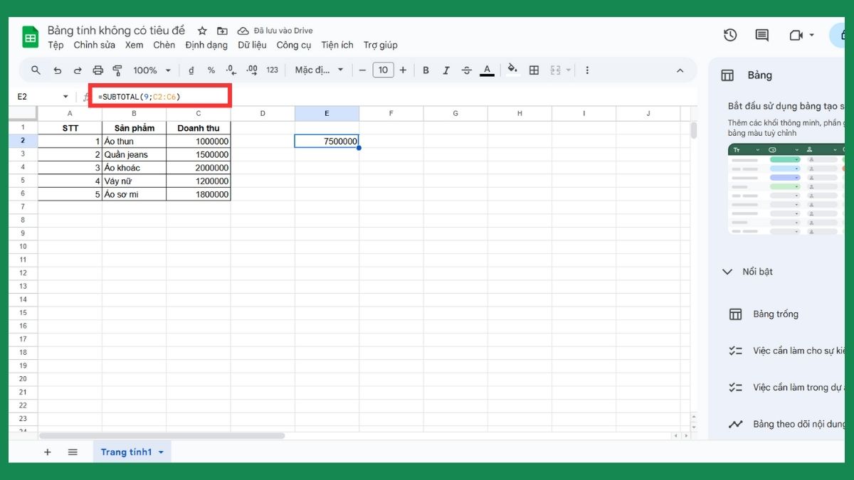 Cú pháp của hàm SUBTOTAL trong Google Sheet