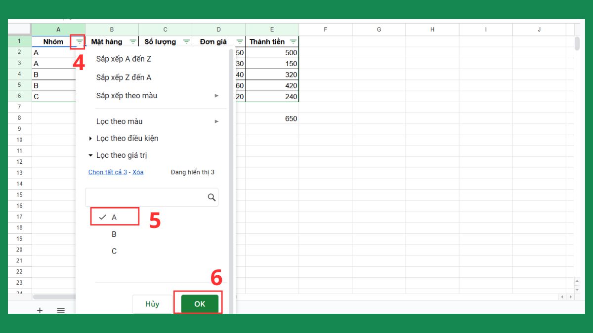 Sử dụng hàm SUBTOTAL tính trên dữ liệu đã lọc bước 2