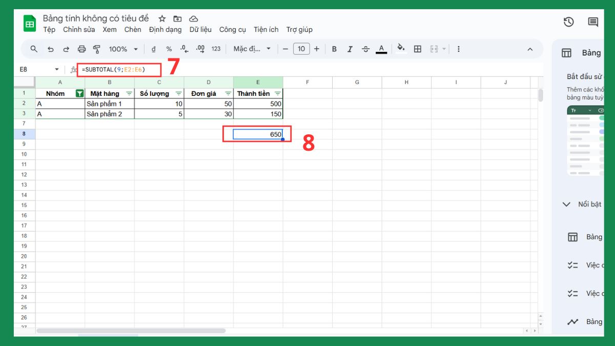 Sử dụng hàm SUBTOTAL tính trên dữ liệu đã lọc bước 3