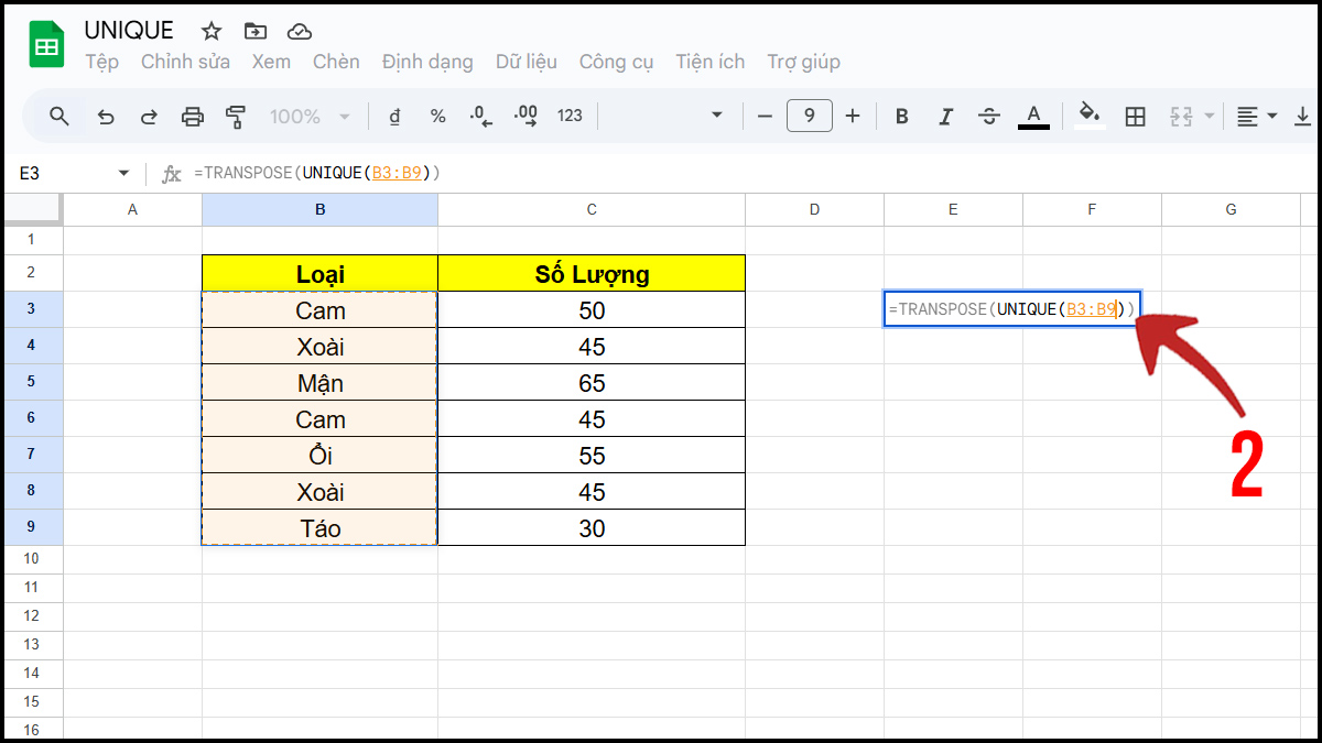 Hàm UNIQUE trong Google Sheet kết hợp với hàm TRANSPOSE bước 2