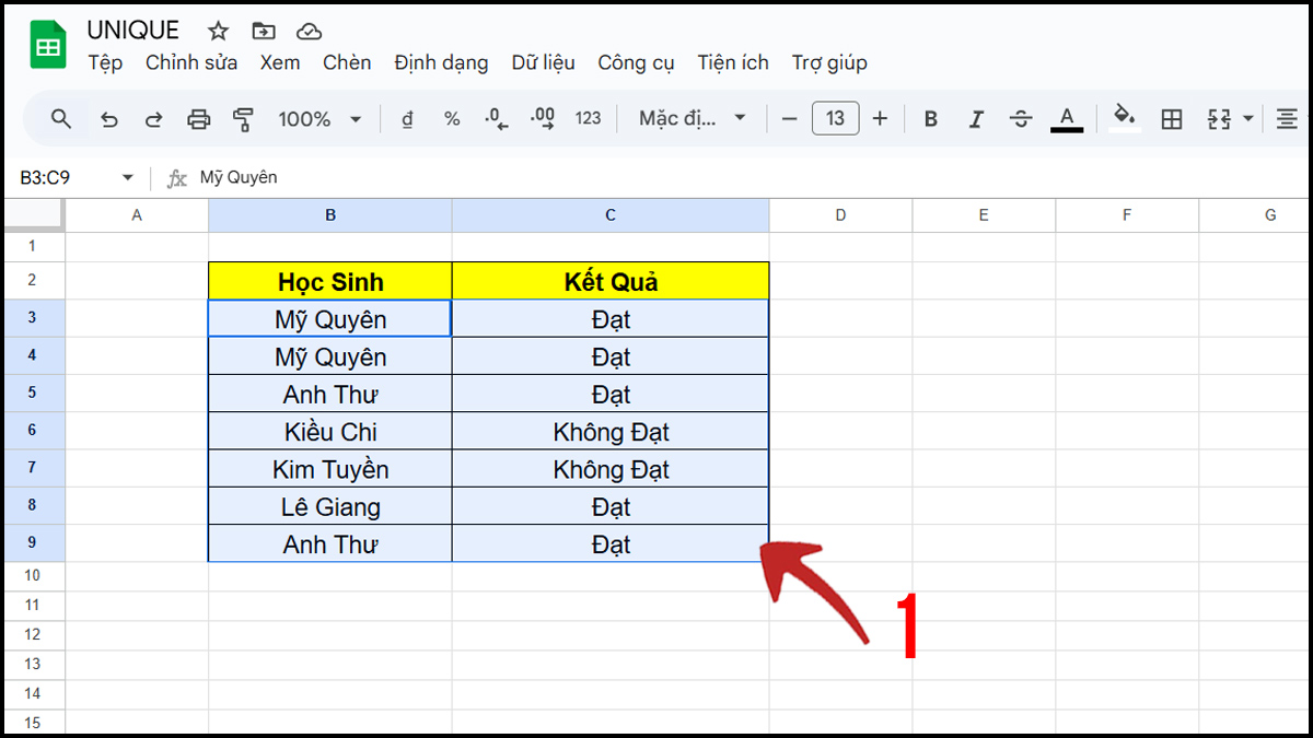 Hàm UNIQUE trong Google Sheet kết hợp với hàm  FILTER bước 1