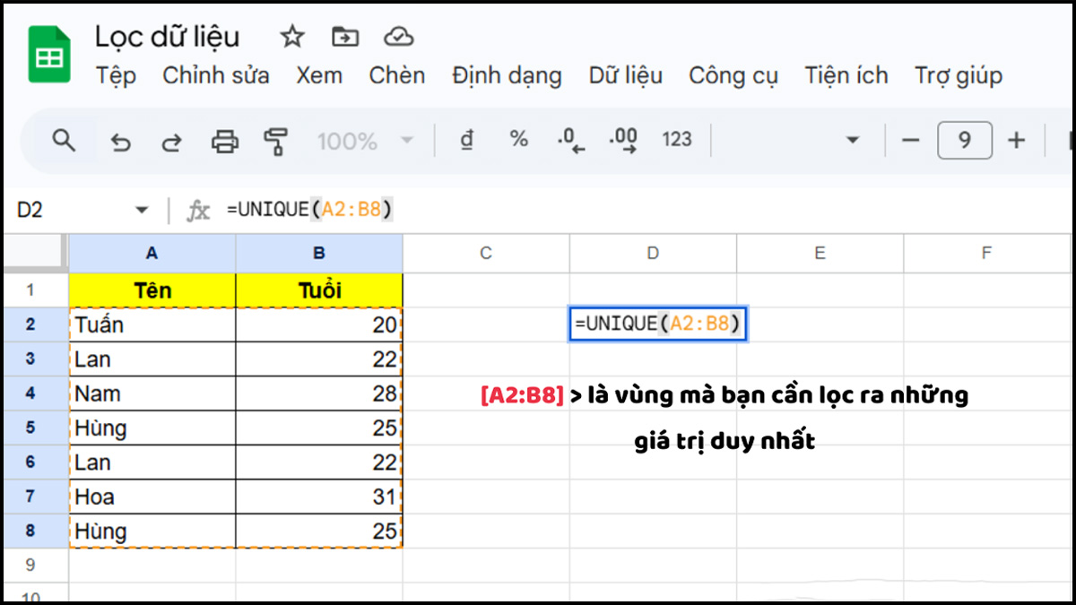 Cú pháp Hàm UNIQUE trong Google Sheet