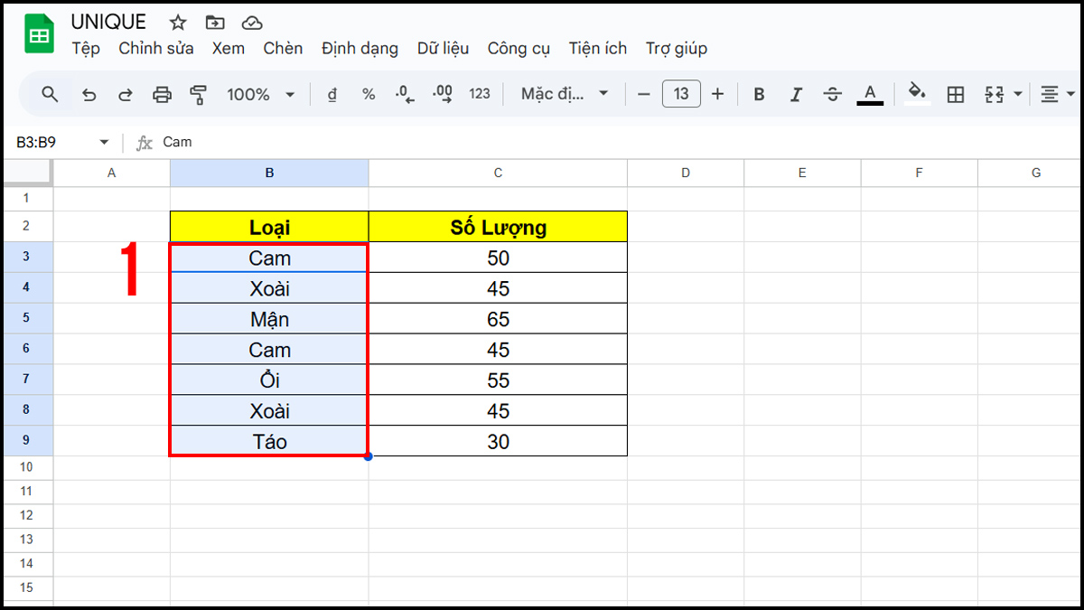 Cách dùng hàm UNIQUE trong Google Sheet bước 1