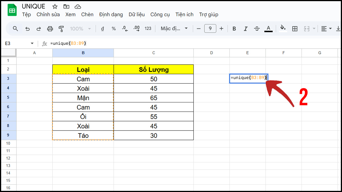 Cách dùng hàm UNIQUE trong Google Sheet bước 2