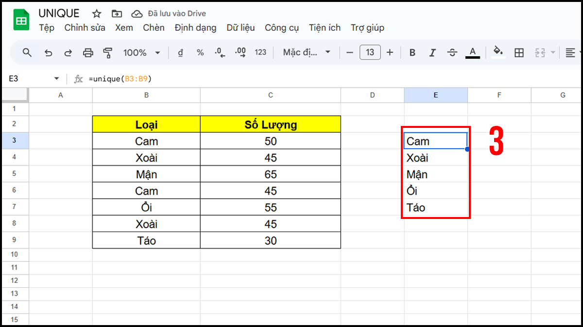 Cách dùng hàm UNIQUE trong Google Sheet bước 3