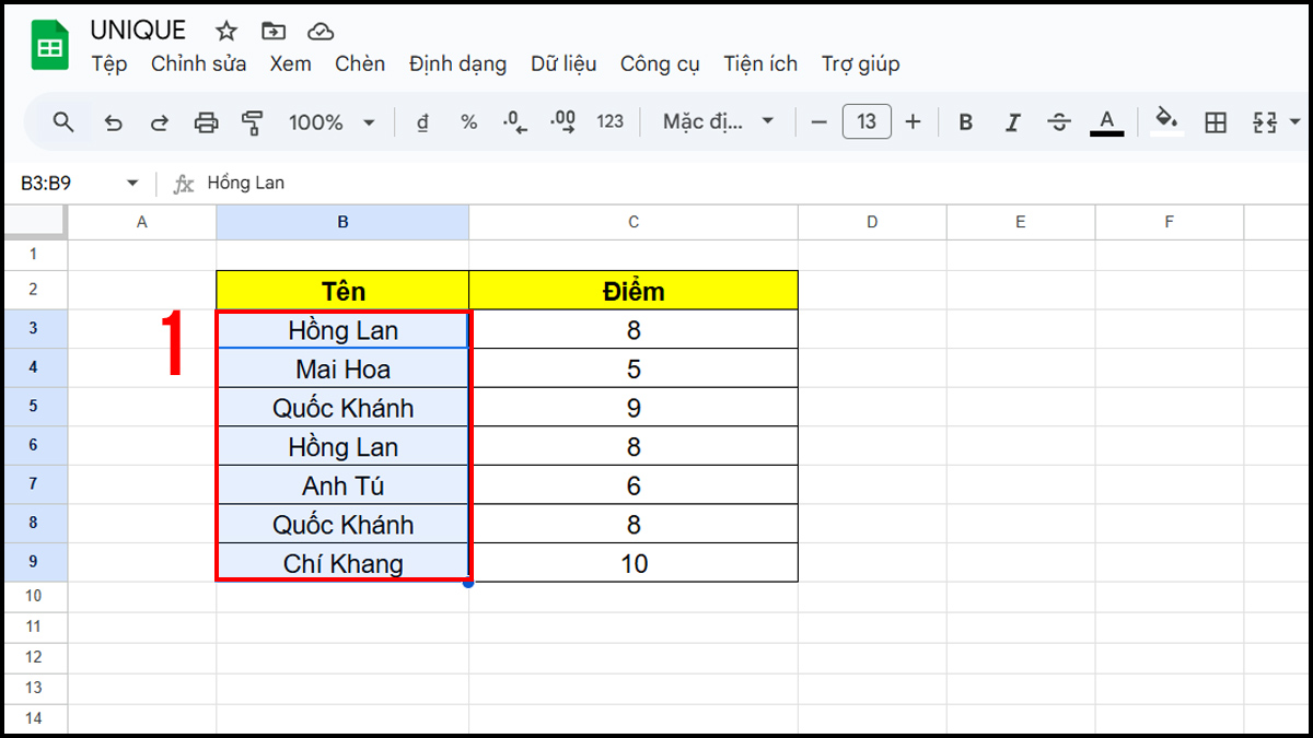 Hàm UNIQUE trong Google Sheet kết hợp với hàm SORT bước 1