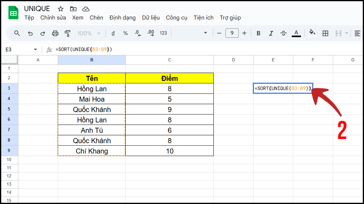 Hàm UNIQUE trong Google Sheet kết hợp với hàm SORT bước 2