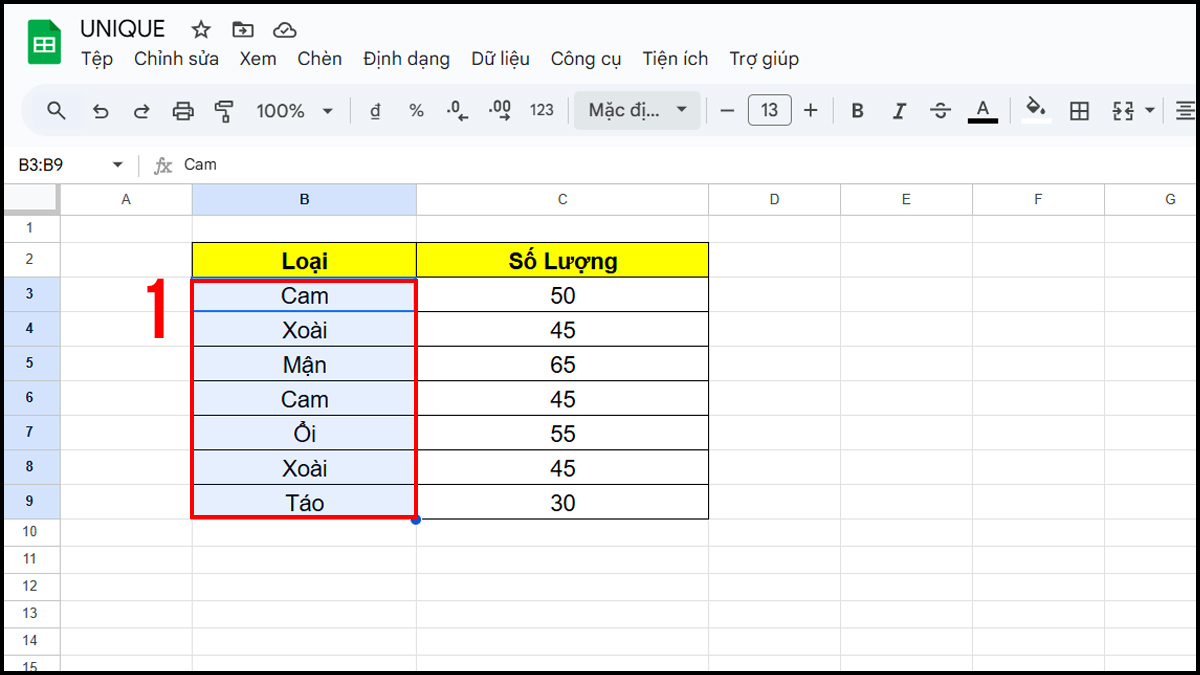 Hàm UNIQUE trong Google Sheet kết hợp với hàm TRANSPOSE bước 1