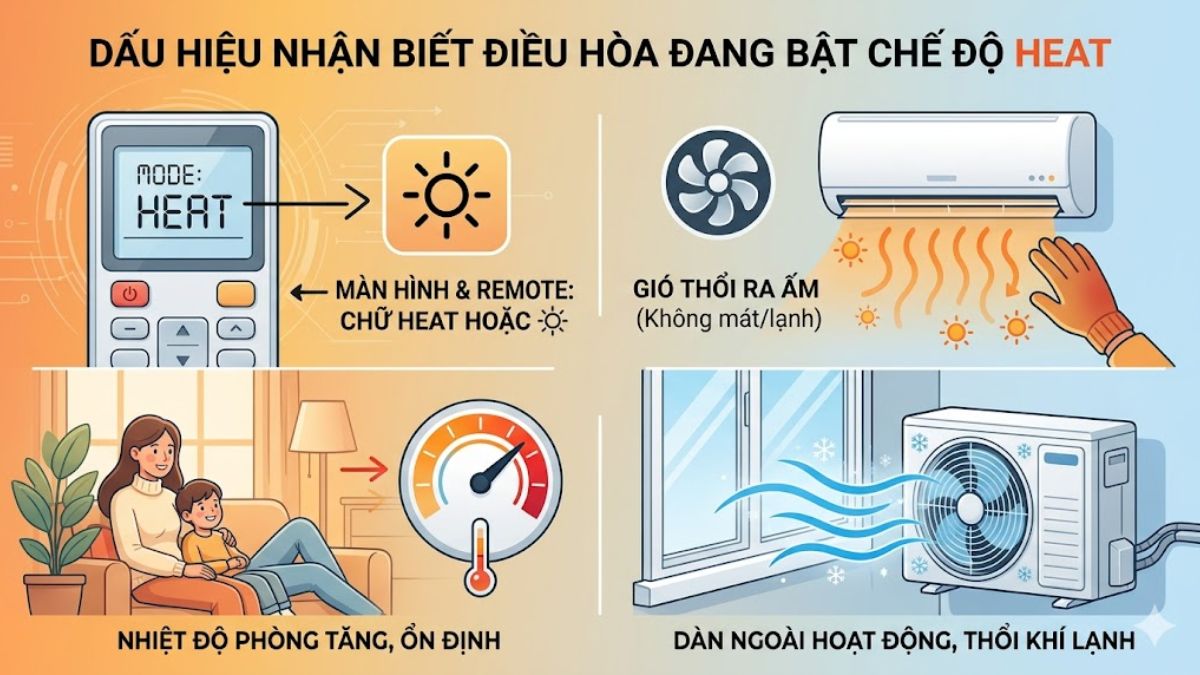 Dấu hiệu nhận biết điều hòa đang bật chế độ Heat