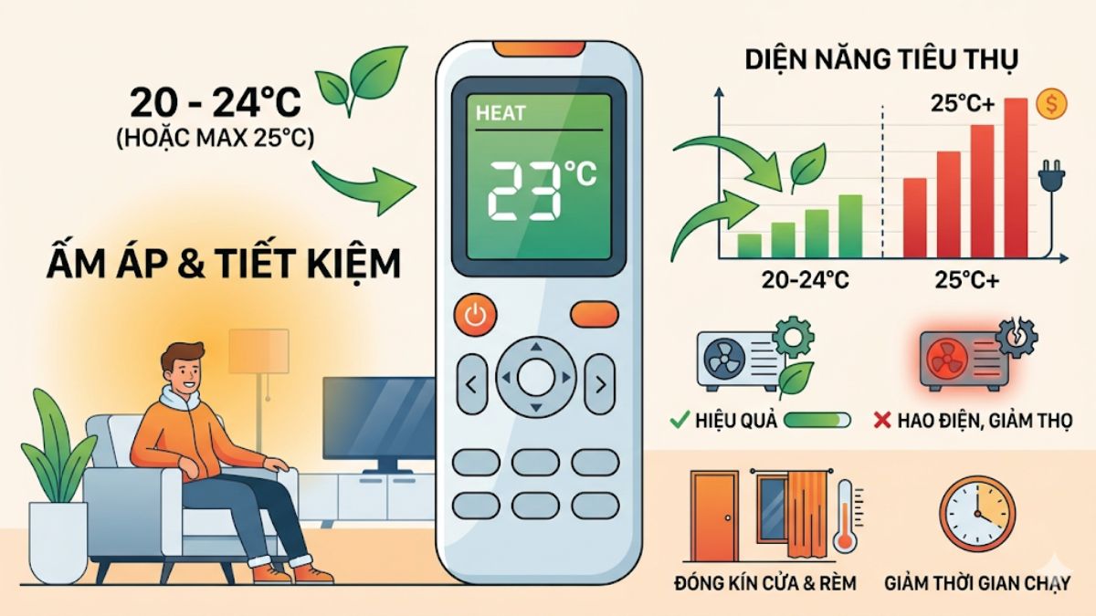 Nhiệt độ phù hợp khi dùng chế độ Heat để tiết kiệm điện