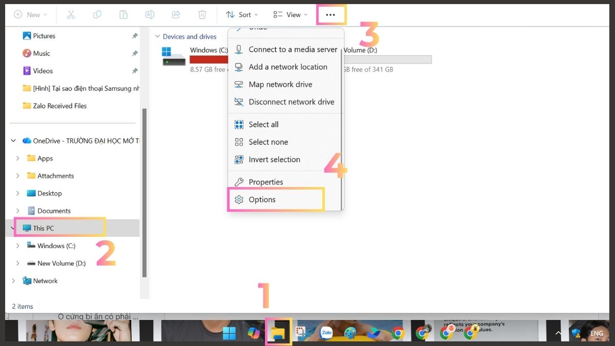 Cách giúp hiện ổ cứng bị ẩn: Chọn Options trong This PC bước 1