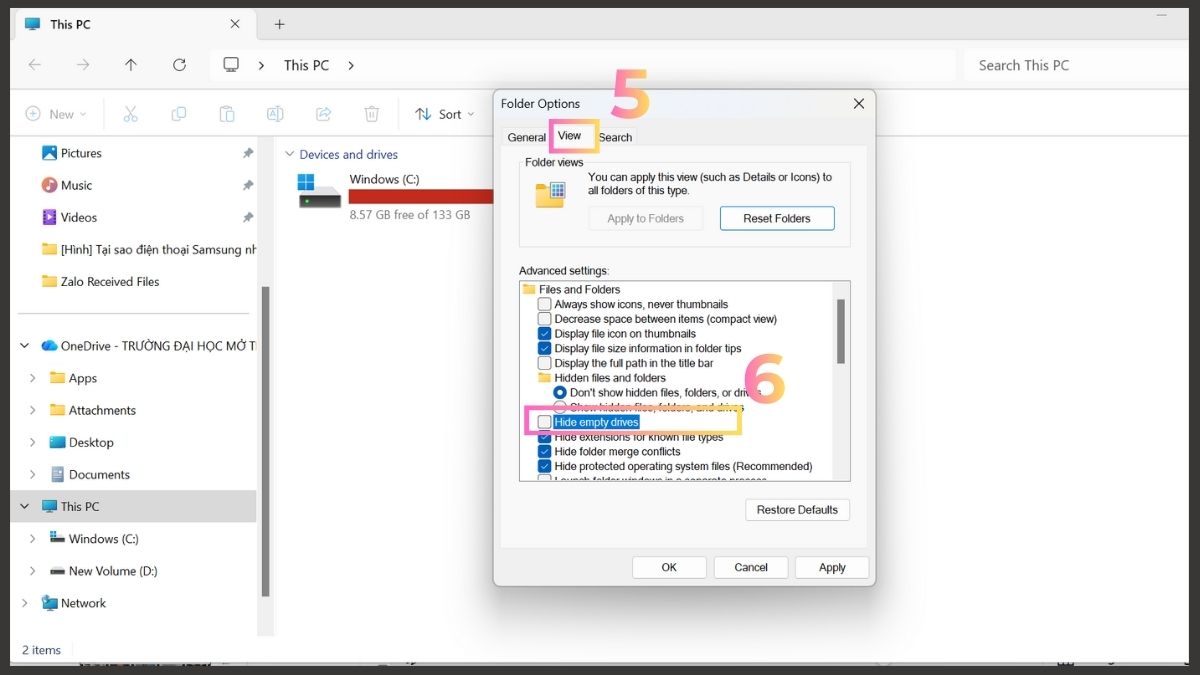 Cách giúp hiện ổ cứng bị ẩn: Chọn Options trong This PC bước 2
