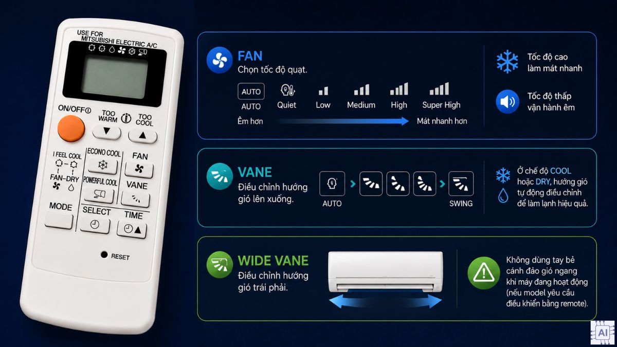 Các nút trên remote máy lạnh Mitsubishi Electric và chức năng