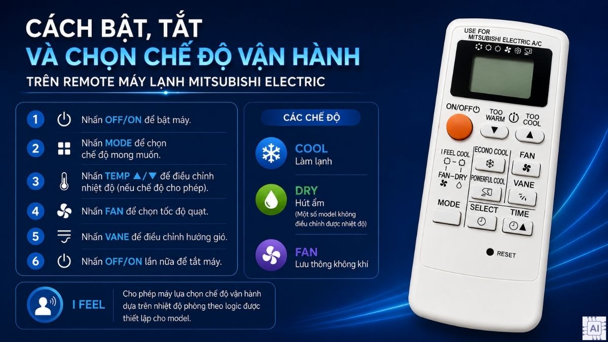 Các nút trên remote máy lạnh Mitsubishi Electric và chức năng
