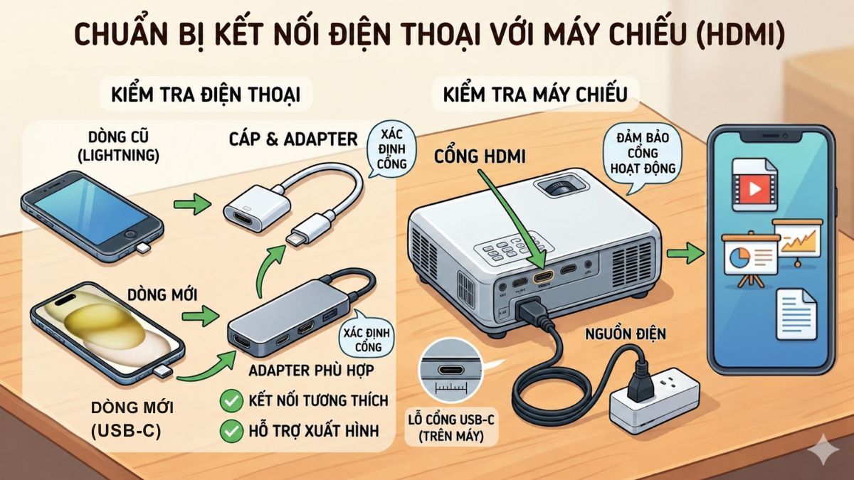 Chuẩn bị trước khi kết nối điện thoại với máy chiếu qua HDMI