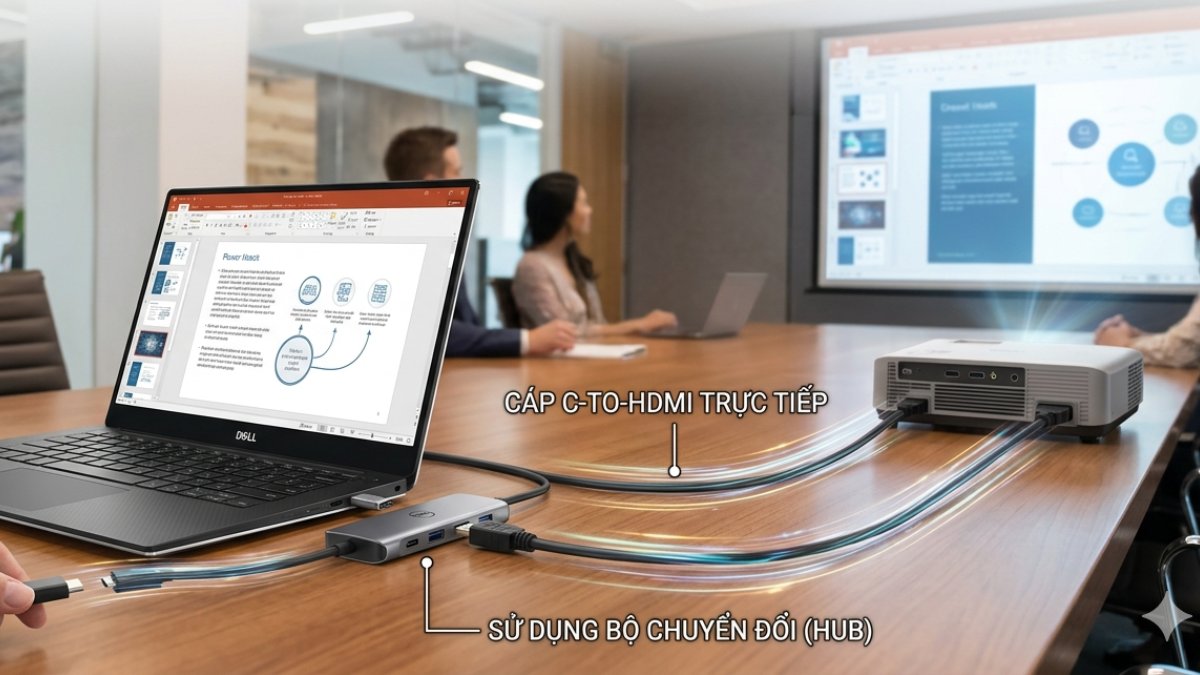 Kết nối máy chiếu với laptop Dell qua DisplayPort / USB-C