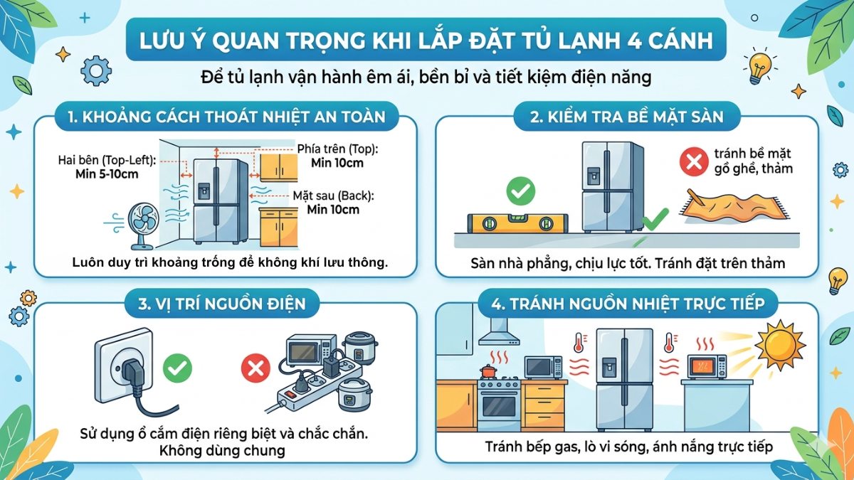 Lưu ý quan trọng khi lắp đặt tủ lạnh 4 cánh