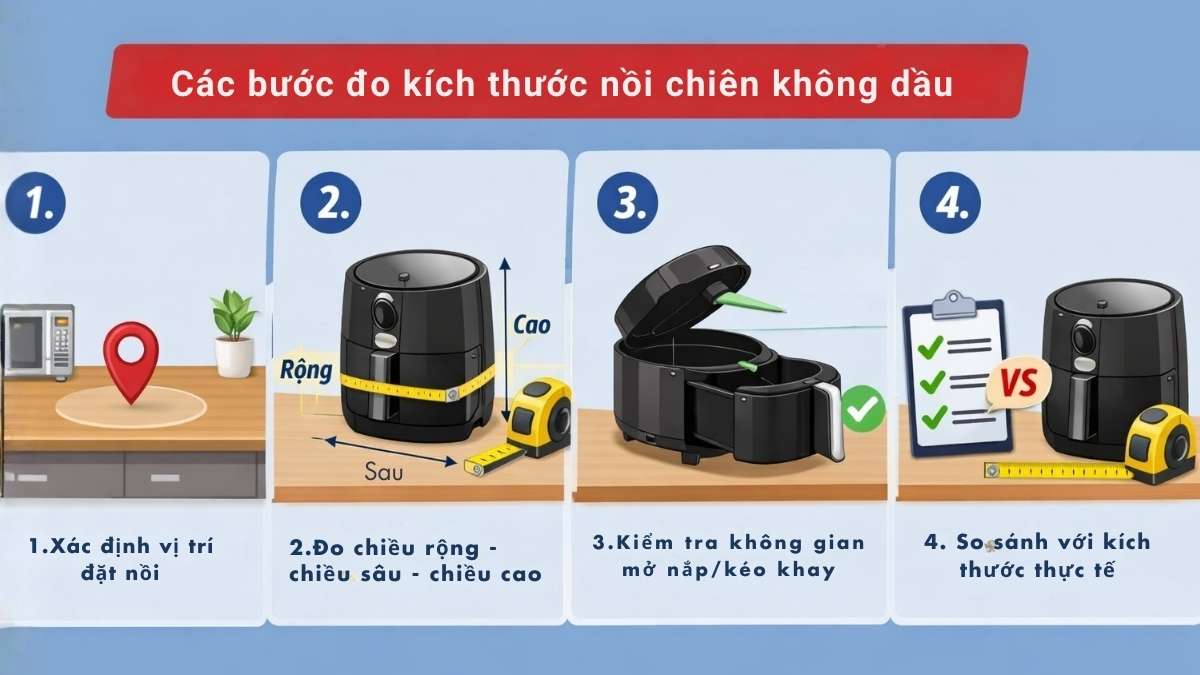 Cách đo kích thước nồi chiên không dầu cho gian bếp