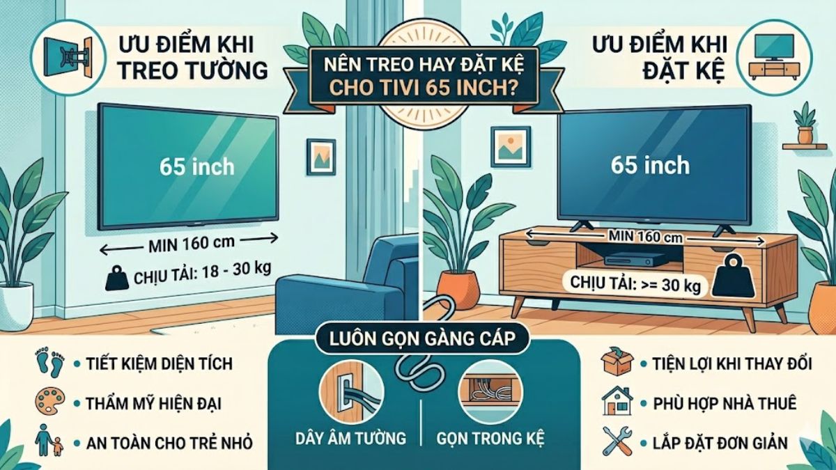 Nên treo hay đặt kệ cho tivi kích thước 65 inch?