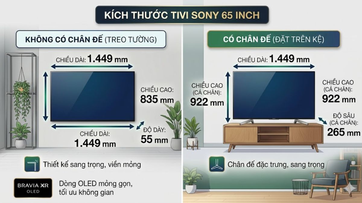 Kích thước tivi Sony 65 inch