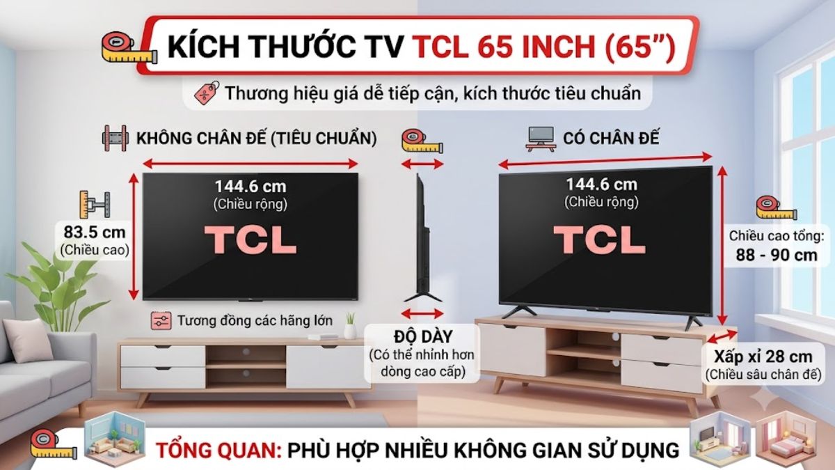 Kích thước tivi Sony TCL 65 inch