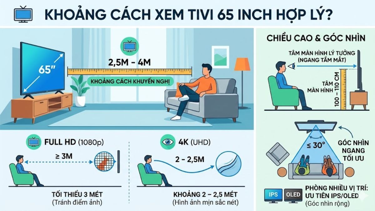 Khoảng cách xem tivi kích thước 65 inch 2.5 - 4 mét