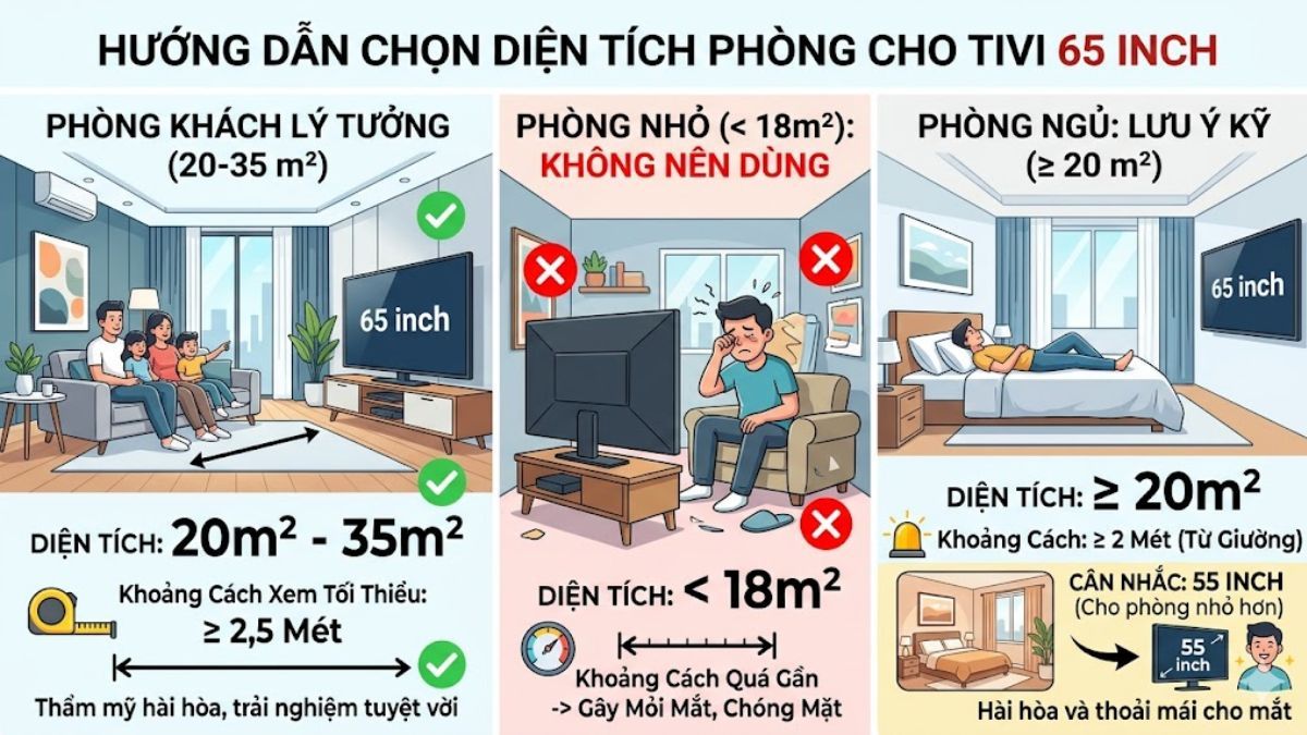 Kích thước tivi 65 inch phù hợp với phòng bao nhiêu m2?