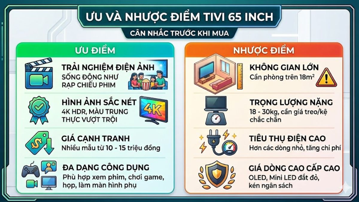 Ưu và nhược điểm tivi kích thước 65 inch
