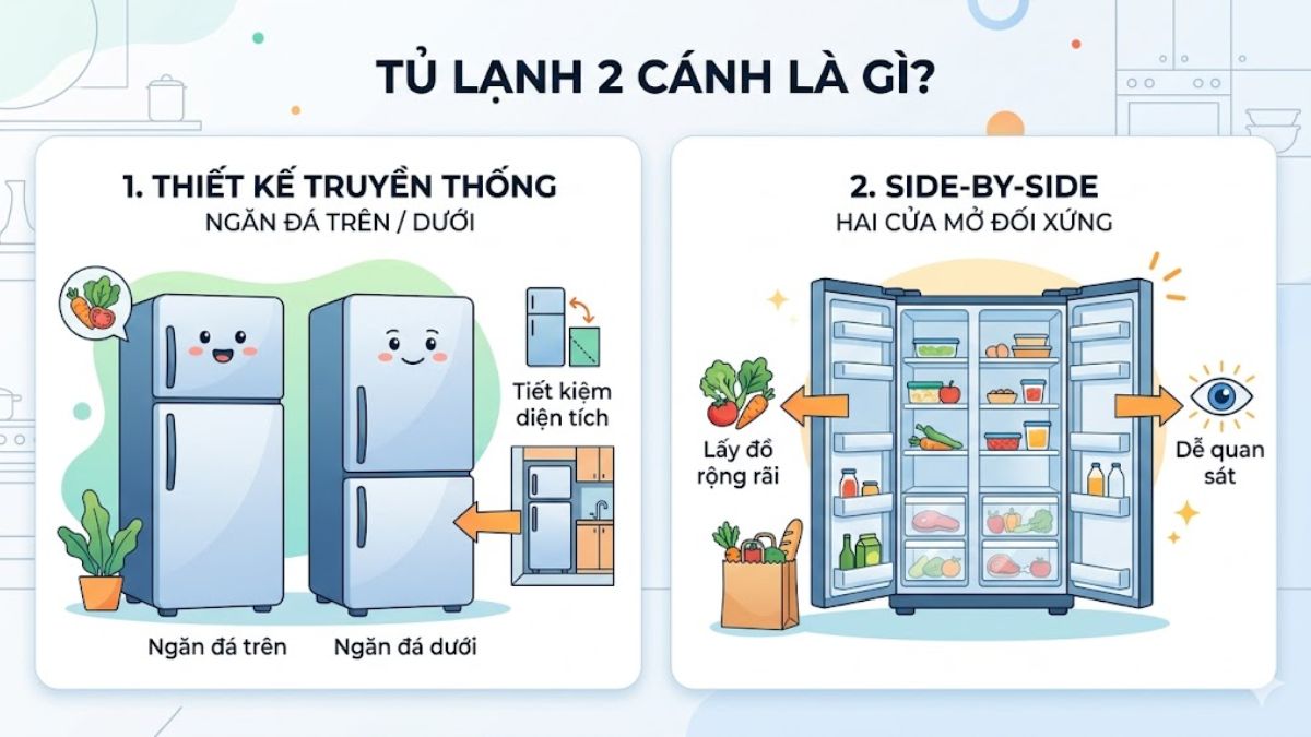 Tủ lạnh 2 cánh là loại tủ có hai dạng thiết kế thường thấy