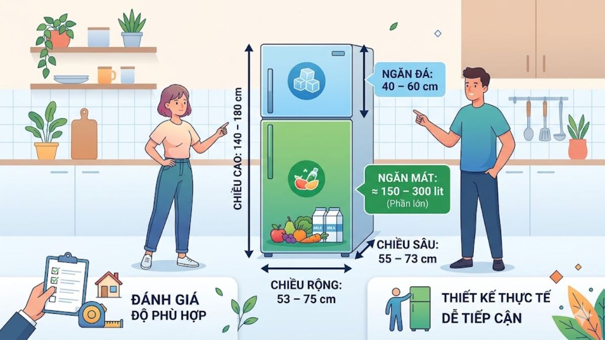 Kích thước tủ lạnh 2 cánh theo từng loại 