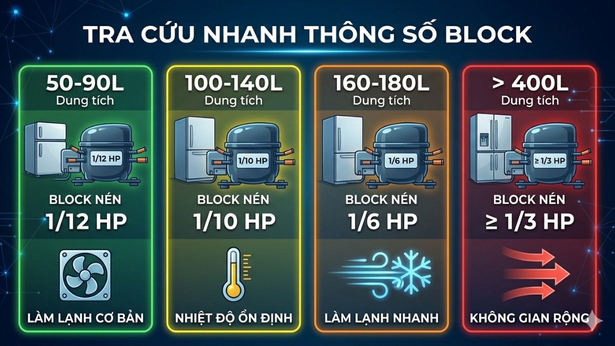 Tra cứu nhanh thông số block theo dung tích tủ lạnh