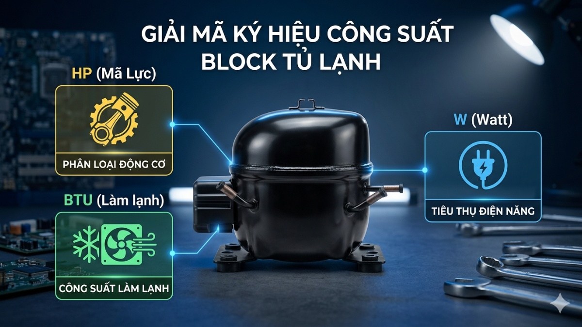 Các ký hiệu trên block tủ lạnh phổ biến: Công suất