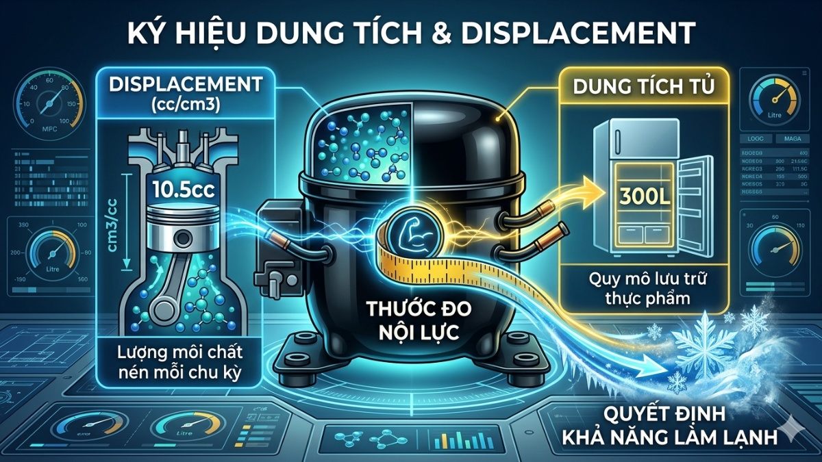 Các ký hiệu trên block tủ lạnh phổ biến: dung tích