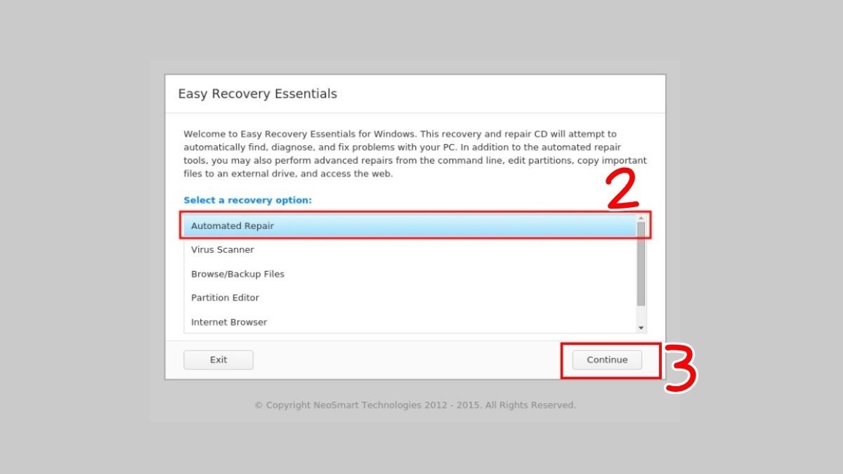 Sửa lỗi laptop bị màn hình xanh: Dùng Easy Recovery Essentials bước 2