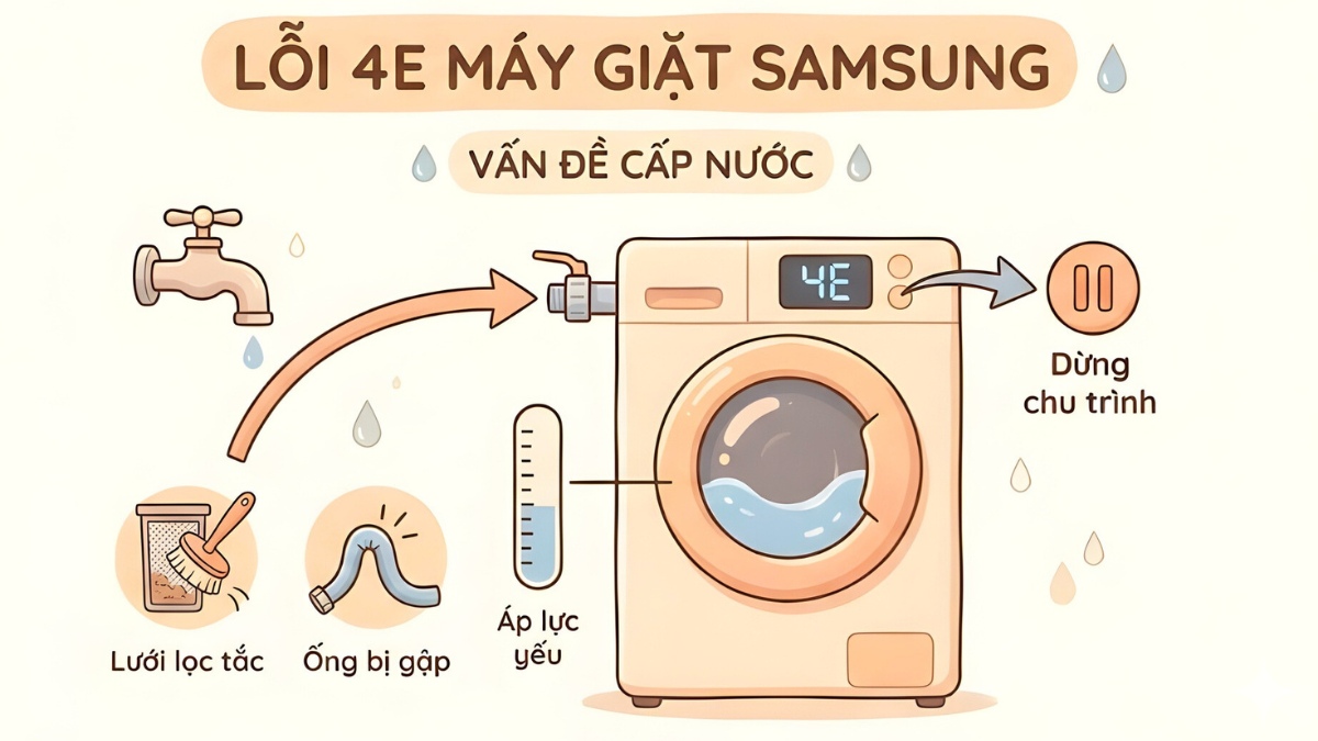 Lỗi 4E máy giặt Samsung là một mã lỗi có liên quan đến nguồn nước