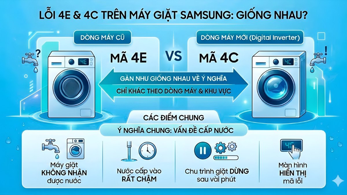 Lỗi 4E máy giặt Samsung và lỗi 4C gần như giống nhau về ý nghĩa