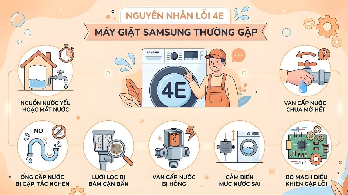 Nguyên nhân lỗi 4E máy giặt Samsung thường gặp