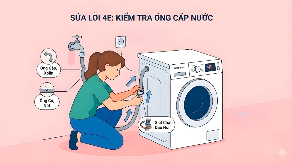 khắc phục lỗi 4E máy giặt Samsung: chỉnh lại ống cấp nước