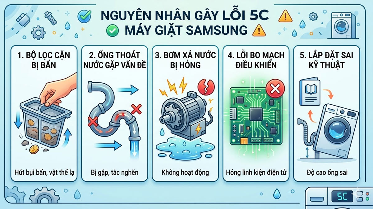 Nguyên nhân gây lỗi 5C máy giặt Samsung