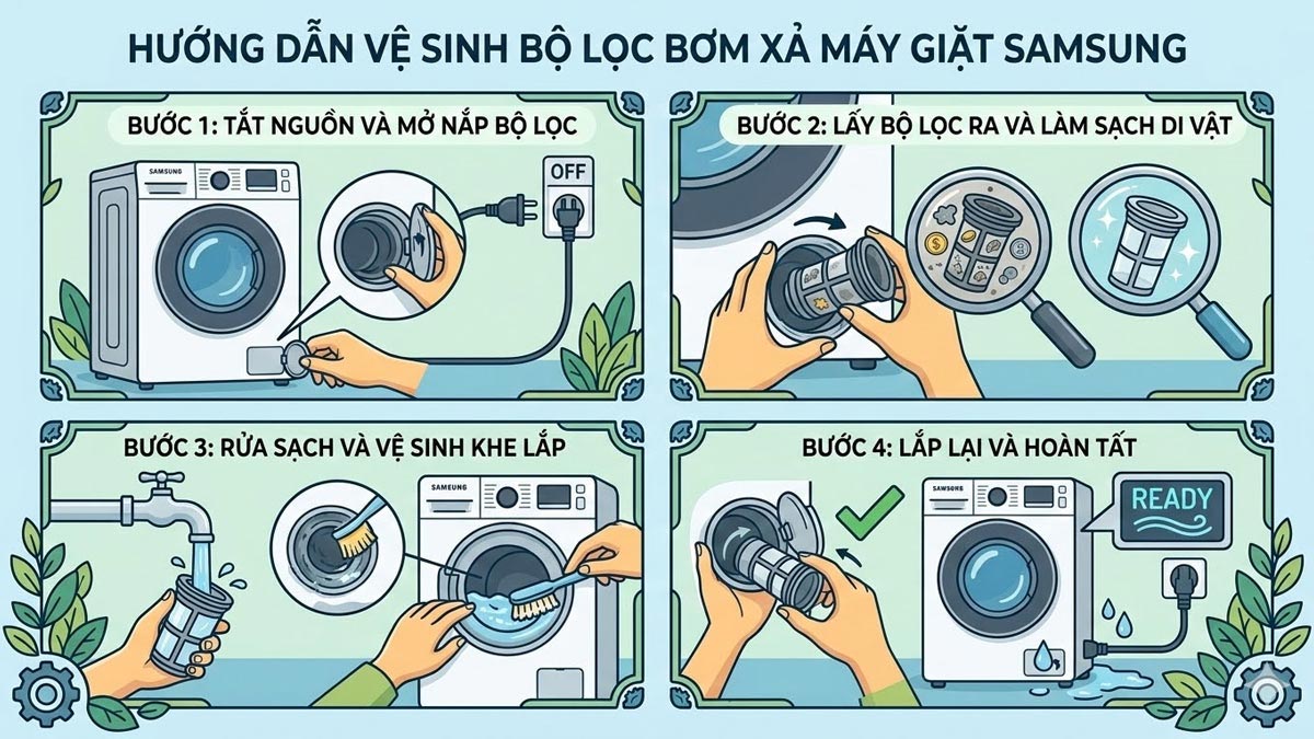 khắc phục lỗi 5C máy giặt Samsung: vệ sinh bộ lọc bơm xả 