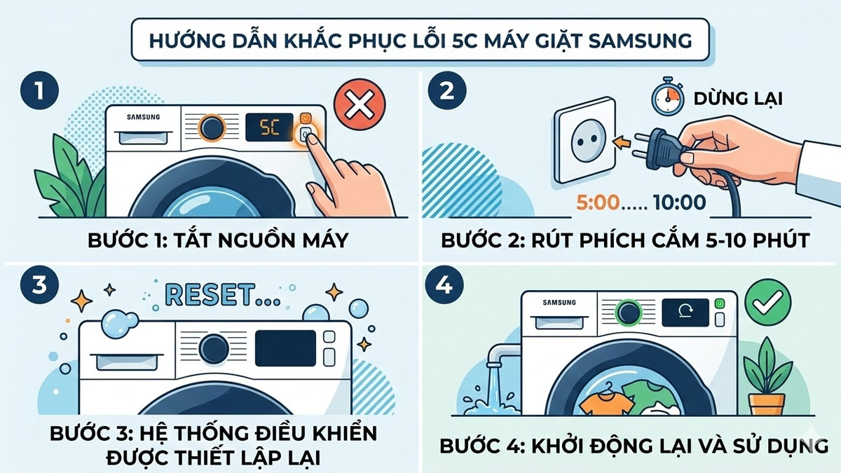 khắc phục lỗi 5C máy giặt Samsung: Reset máy giặt Samsung 